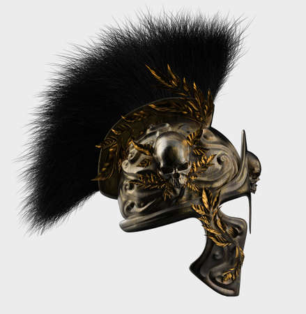 Isolated 3d render illustration of spartan helmet golden engraved with skull and leaf branches on white background.の写真素材