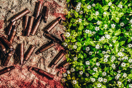 Photo of combined war bloody battleground with bullet shells and flourishing flower meadow. War and...