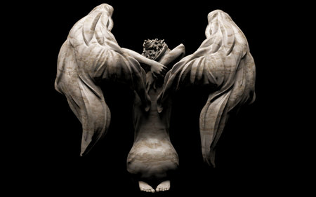3d render illustration of shaded antique stone female angel statue sitting pose back view on black background.の写真素材