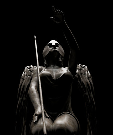 3d render illustration of shaded antique stone female warrior angel statue sitting pose with spear on black background.の写真素材