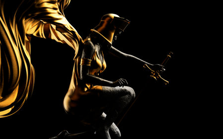 3d render illustration of antique golden female warrior angel statue kneeling with sword on black background.の写真素材