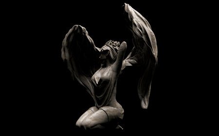 3d render illustration of shaded antique stone female angel statue sitting pose 3/4 view on black background.の写真素材