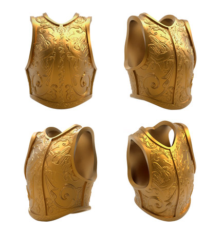 Isolated 3d render illustration of medieval golden warrior armor with ornaments and angel engravings.の写真素材