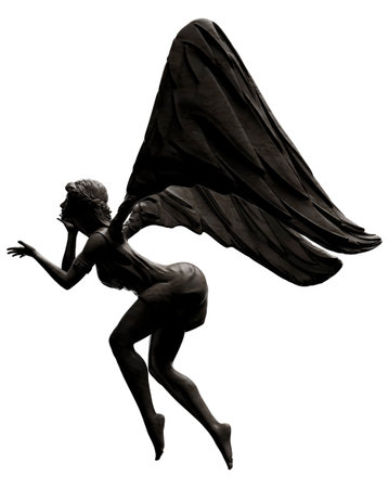 Isolated 3d render illustration of black marble female angel statue, leaning pose, side view.の写真素材