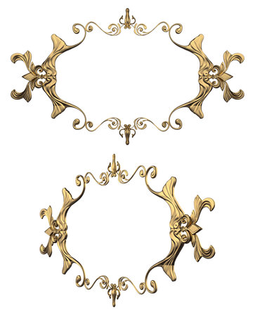 Isolated 3d render illustration of golden baroque ornate picture frame, front and 3/4 view.の写真素材