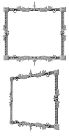 Isolated 3d render illustration of clay gray colored baroque royal picture frame, front and 3/4 view.の写真素材