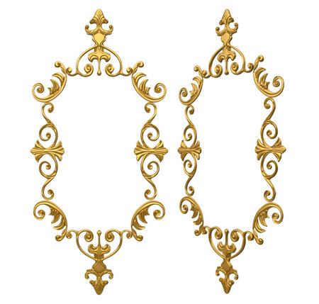 Isolated 3d render illustration of golden baroque ornate monarch picture frame, front and 3/4 view.の写真素材