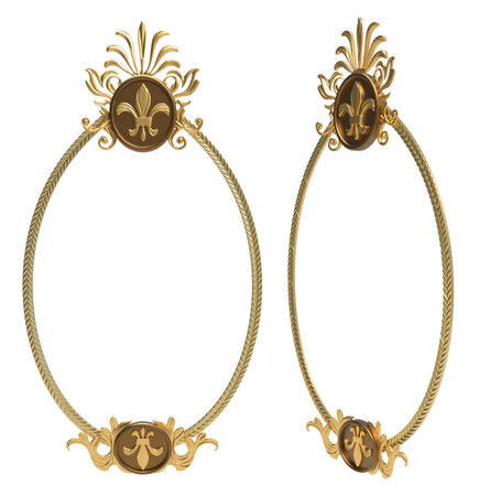 Isolated 3d render illustration of golden royal baroque ornate picture or mirror frame, front and 3/4 view.の写真素材