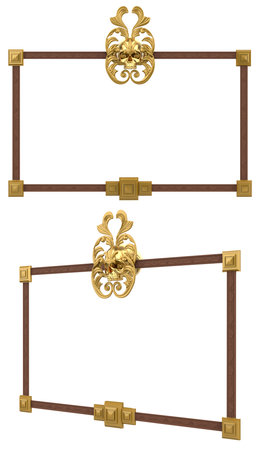 Isolated 3d render illustration of wooden gothic baroque antique picture frame with skull ornament, front and 3/4 view.の写真素材