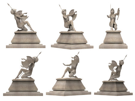 Isolated 3d render illustration of antique ancient stone angel warrior statue on pedestal kneeling with spear and shield, various angles.の写真素材