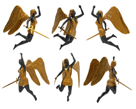 Isolated 3d render illustration of black marble and golden warrior angel statue flying pose with sword, various angles.の写真素材