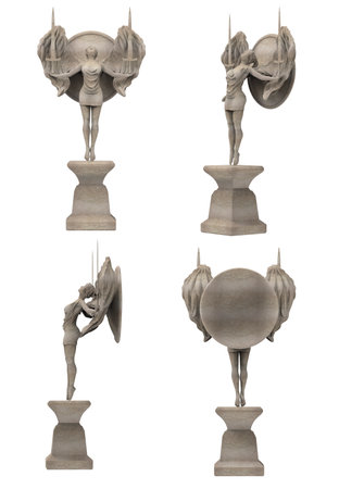 Isolated 3d render illustration of antique ancient stone female angel warrior statue on pedestal holding swords and shield, various angles.の写真素材