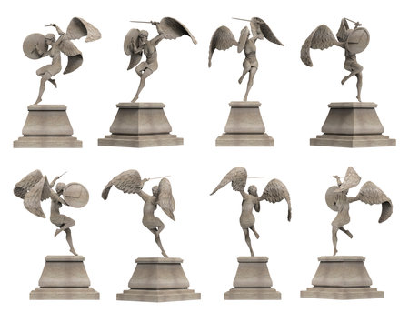 Isolated 3d render illustration of antique ancient stone flying angel warrior statue on pedestal holding sword and atacking, various angles.の写真素材