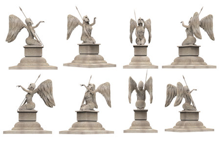 Isolated 3d render illustration of antique ancient stone guardian angel warrior statue on pedestal sitting with spear, various angles.の写真素材