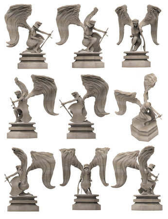 Isolated 3d render illustration of antique stone female angel warrior statue on pedestal kneeling and holding sword, various angles.の写真素材