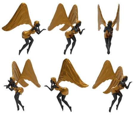 Isolated 3d render illustration of black marble and golden female guardian angel statue flying pose, various angles.の写真素材