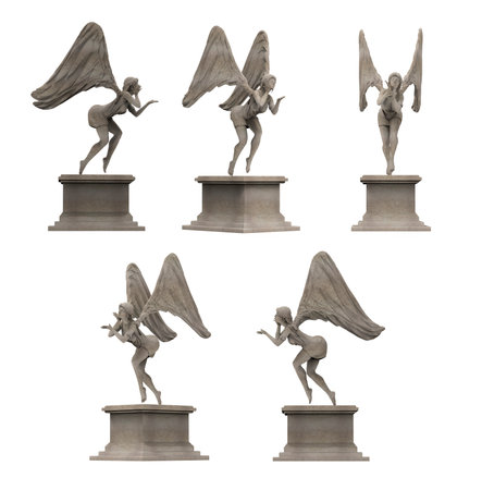 Isolated 3d render illustration of flying female stone angel statue on pedestal., various angles.の写真素材