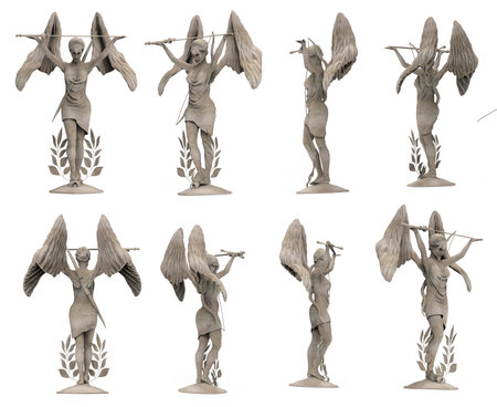 Isolated 3d render illustration of antique ancient stone female angel warrior statue standing and holding sword, various angles.の写真素材
