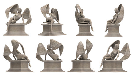 Isolated 3d render illustration of antique ancient stone female angel statue sitting on pedestal, various angles.の写真素材