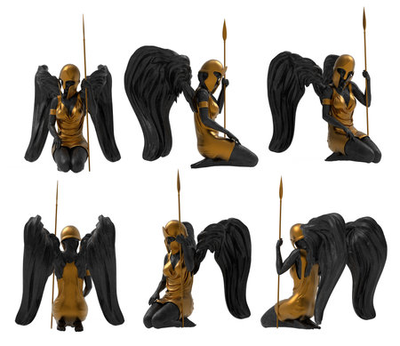 Isolated 3d render illustration of black marble and golden warrior guardian angel statue in helmet sitting with spear pose, various angles.の写真素材