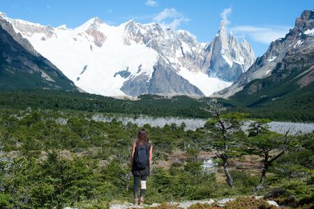 tourist stands on the background of the mountains of Fitz Royの写真素材