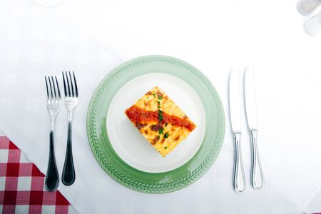 Greek style moussaka with eggplants, ground beef and pastaの写真素材