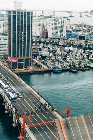 Busan city, South Korea - November 2019 Aerial view of Busan cityscape with busan tower.のeditorial素材