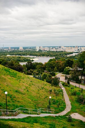 KYIV, UKRAINE - View of the Dnieper River from the Volodymyrska Hill in Kyiv.