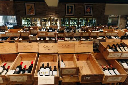 usa - october, 2019 Liquors Spirits Wine Shop, Alcohol Drinking Red and White Import Wine in Bottles...