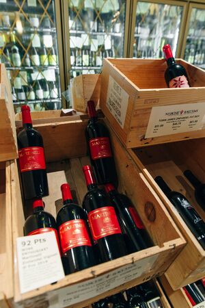 usa - october, 2019 Liquors Spirits Wine Shop, Alcohol Drinking Red and White Import Wine in Bottles...