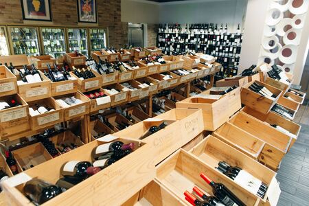 usa - october, 2019 Liquors Spirits Wine Shop, Alcohol Drinking Red and White Import Wine in Bottles...