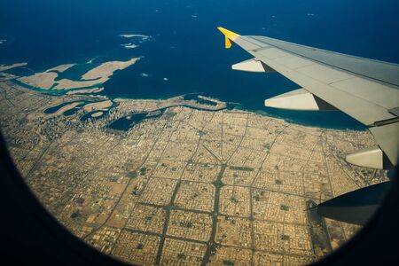 Aerial view of Dubai Palm Jumeirah island, United Arab Emirates.の写真素材