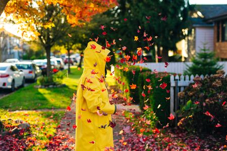 Beautiful girl in the yellow raincoat walking outdoors in autumn. Young woman enjoying autumn weatherの写真素材