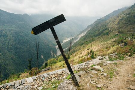 empty sign with nature views of the Himalayas mountains in Nepal. The highest pedestrian pass.の写真素材