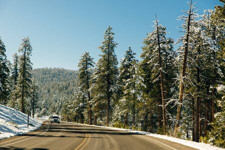 Snowy winter road. Winter fairy tale. Ride on a winter road
