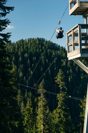 ZIPLINE thru the forest foliage in a Vancouver park, British Columbia, Canada.