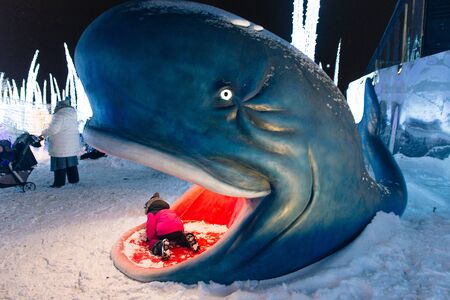 Montreal, Canada - Dacabra 2019 sculpture of a whale. mouth where you can climb children.