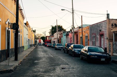 Beautiful traditional colorful old houses with decoration on street in Merida, big colonial city in Yucatan - december, 2019.のeditorial素材