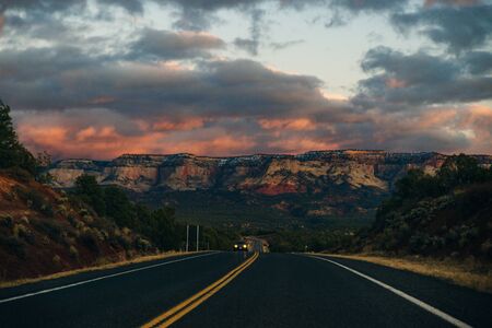 road in Zion National Park on sunset, usa.