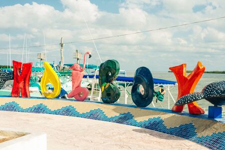 HOLBOX, MEXICO - February 2020 Colored lettering of the Mexican island holbox.