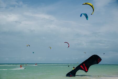 mexico, island holbox - february 2020 Kite surfing at holbox island in the caribbean sea.