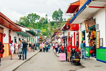 SALENTO, COLOMBIA - APRIL 2019 view of streets in Salento, in the Coffee Region in Quindio, Colombia.のeditorial素材