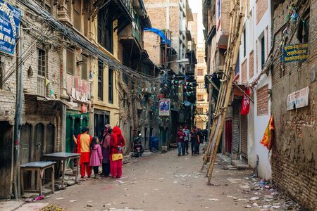 Thamel, Kathmandu, Nepal - July 2019 Street view in Thamel district, known as the centre of the tourist industry in Kathmandu.のeditorial素材