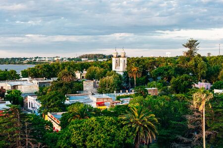 Bell towers of Basilica of the Holy Sacrament in Colonia del Sacramento, Uruguay. It is one of the oldest towns in Uruguay.のeditorial素材