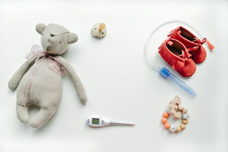 group of things for bathing baby on a light background.の写真素材