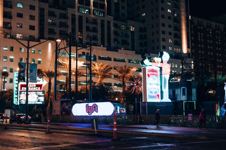 Las Vegas, USA - January 2019 Illuminated view Bellagio Hotel fountains and Las Vegas strip.のeditorial素材