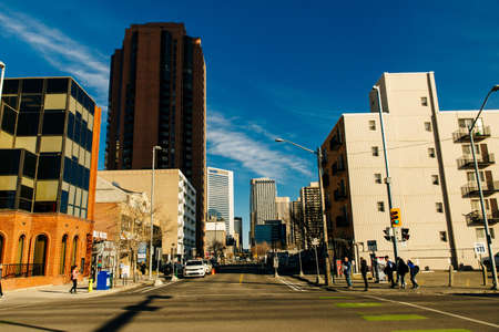 view of Calgary downtown on Centre Street showing tall corporate office skyscrapers. canada - sep 2019.のeditorial素材