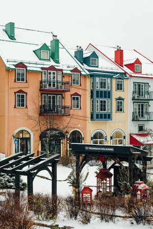 MONT-TREMBLANT, QC, CANADA - FEBRUARY 2020 Mont-Tremblant village in winter.のeditorial素材