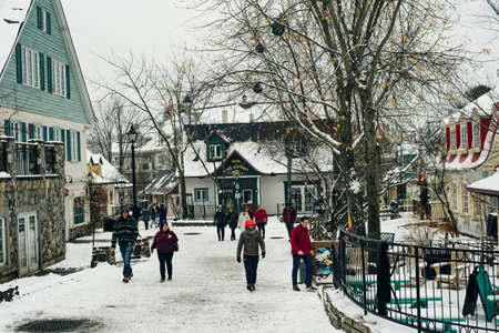MONT-TREMBLANT, QC, CANADA - FEBRUARY 2020 Mont-Tremblant village in winter.のeditorial素材