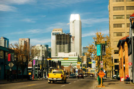 view of Calgary downtown on Centre Street showing tall corporate office skyscrapers. canada - sep...